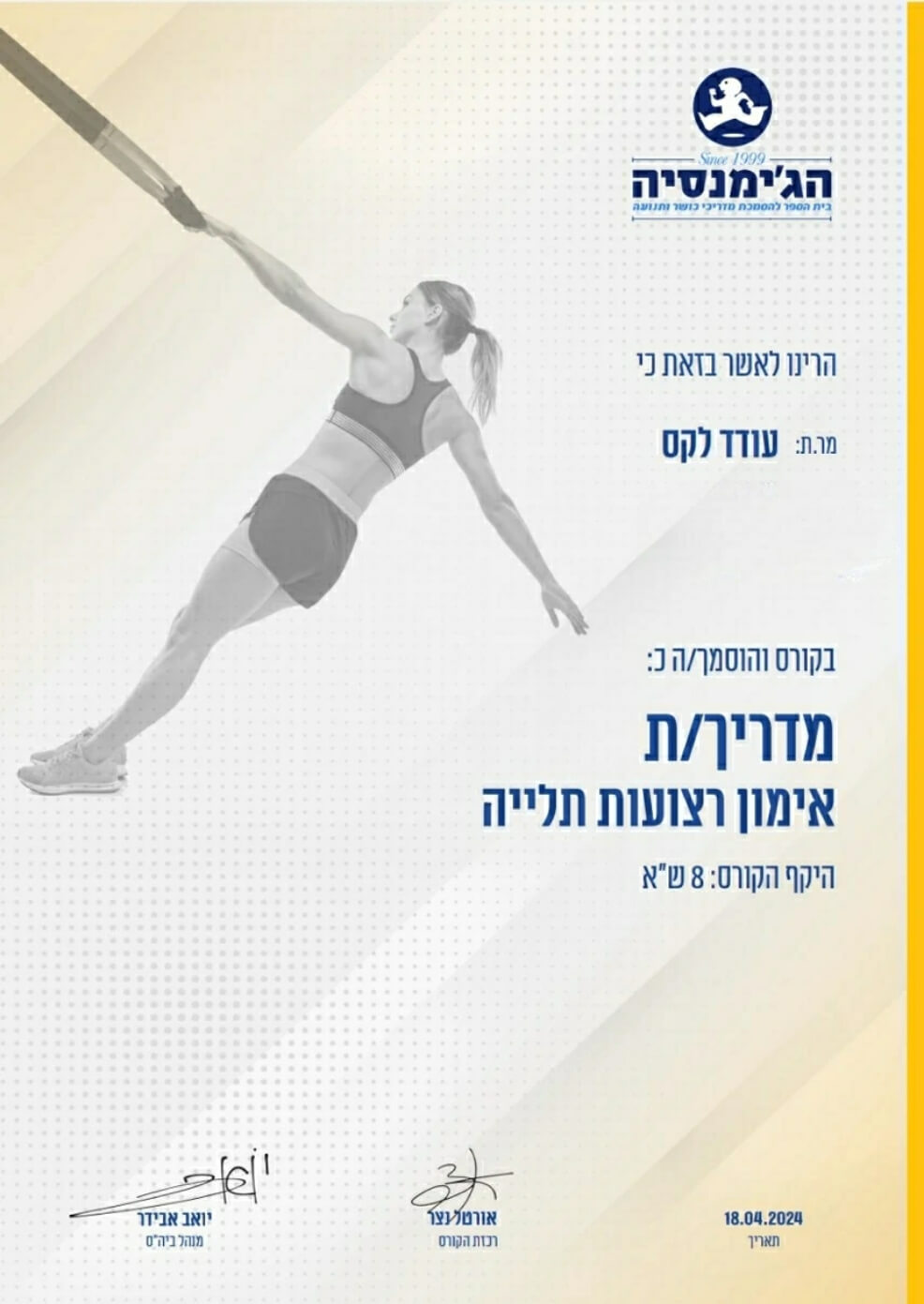 תעודת מדריך אימון רצועות תלייה - עודד לקס